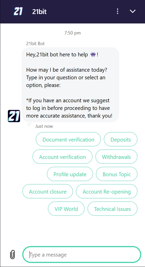 Banking at 21bit casino live chat